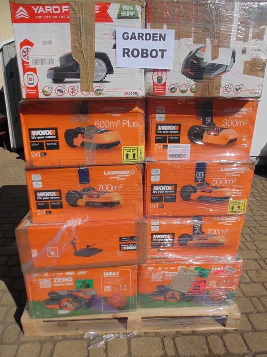 Paleta mix robotów ogrodowych Garden Robot – 10 robotów koszących Yard Force, Worx Landroid różnych modeli, towar z likwidacji Amazon
