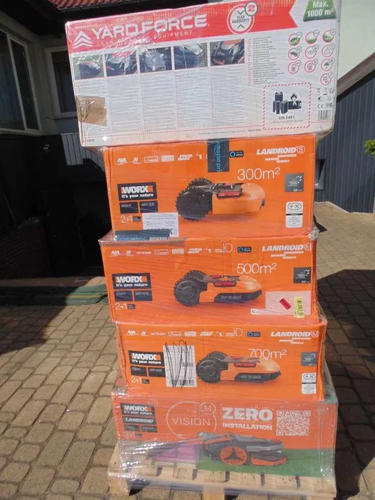 Paleta mix robotów ogrodowych – roboty koszące Worx Landroid (300m², 500m², 700m²) i Yard Force, towar z likwidacji Amazon