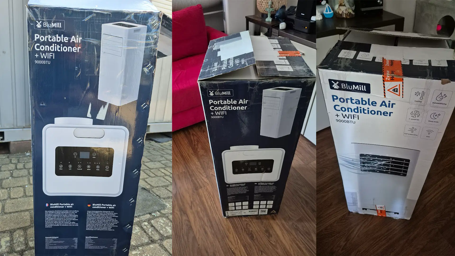 Trzy kartony klimatyzatora BluMill Portable Air Conditioner 9000 BTU ze zwrotów konsumenckich