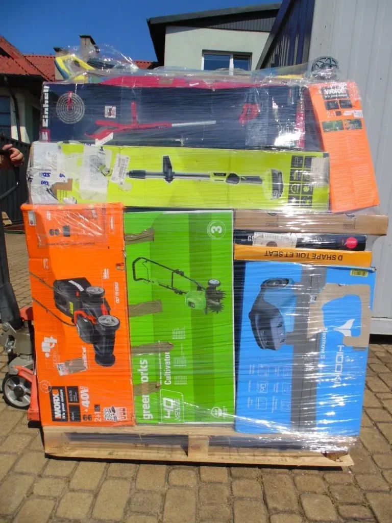 Paleta z narzędziami ogrodowymi – kosiarka Worx 40V, glebogryzarka Greenworks, Einhell, narzędzia do ogrodu