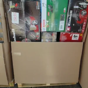 Paleta z narzędziami ogrodowymi w pudełkach – kosiarka Einhell, nożyce Bosch, narzędzia ręczne