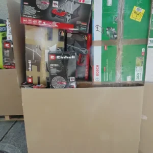 Paleta z narzędziami ogrodowymi Einhell i Bosch – kosiarki, wertykulator, nożyce akumulatorowe 35V