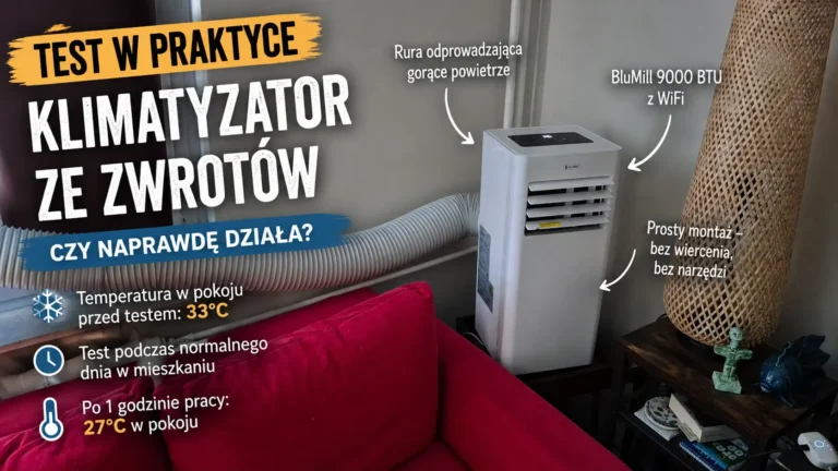 Test klimatyzatora przenośnego BluMill 9000 BTU ze zwrotów konsumenckich podczas chłodzenia mieszkania.