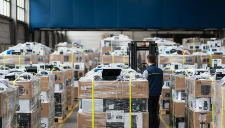 Magazyn z paletami drobnego sprzętu AGD i elektroniki