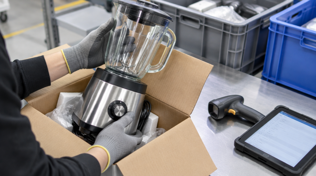 Pracownik magazynu sprawdza zwrócony blender – ocena i klasyfikacja zwrotu